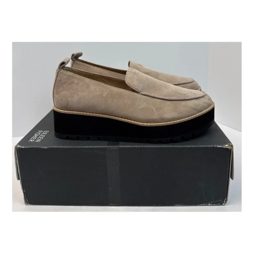 Eileen Fisher Ells Platform Loafers Womens 8 Taupe‎ Suede Chunky Slip On